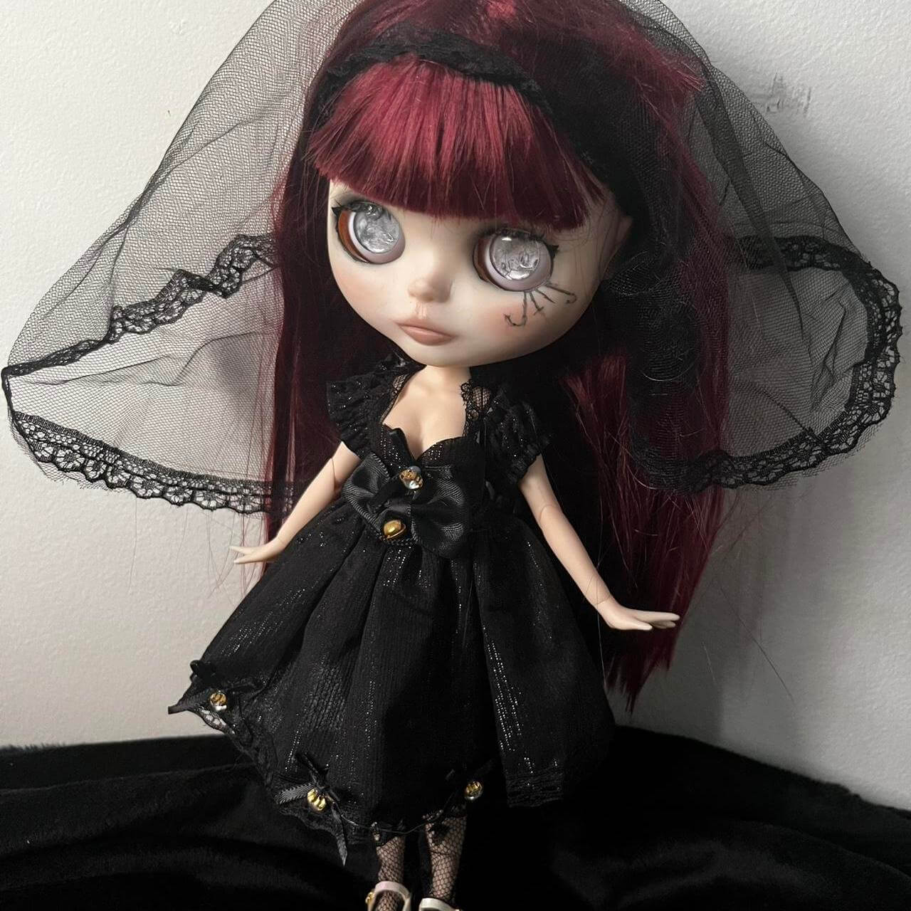 custom blythe doll black dress red hair black veil