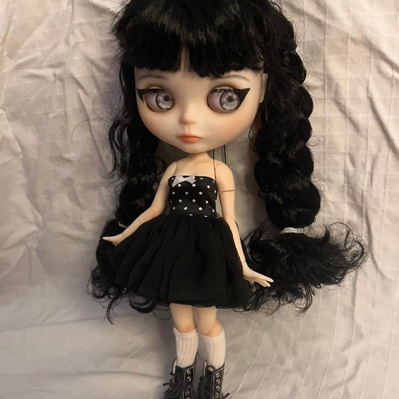 custom blythe doll with black hair and black dress