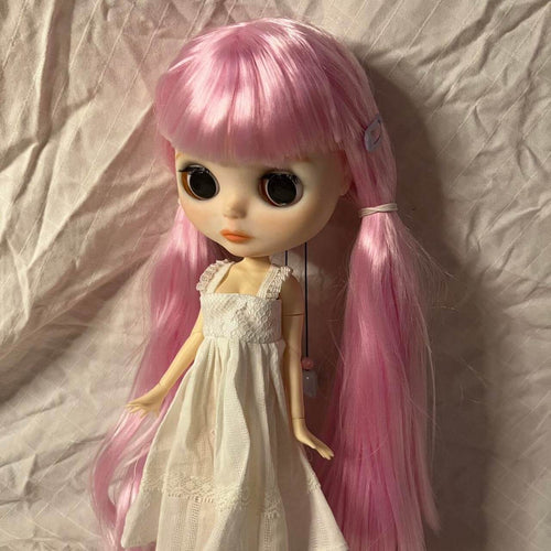 custom blythe doll with pink hair and white outfit